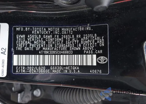 2012 Toyota Avalon из США, поврежденный, VIN 4T1BK3DB5CU468833